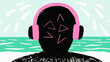 © Kavinuva Creations - Noise Canceling Headphones Illustration: Silhouette Profile Blocking Chaotic Sensory Overload with Inner Peace Ocean Visualization