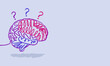 © Husnayaini - A hand-drawn illustration of a brain in a purple color combination with question marks above it, arranged on a light blue background with open space on the right side for design or text placement
