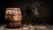 © suu - Old Wooden Barrel with Rusty Metal Bands on Distressed Wooden Floor in Dark Room with Circular Metal Object on Wall