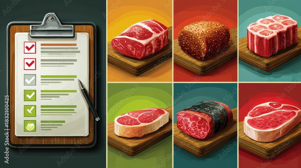 Meat Selection Guide with Checklist and Variety of Cuts Displayed Stock ...