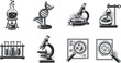 © vadymstock - A set of science and laboratory icons including a flask, microscope, DNA helix, and test tubes in black and white vintage vector style, perfect for educational materials and scientific publications