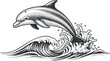 © vadymstock - A jumping dolphin above ocean waves in black and white dot art vector style, ideal for marine life themes and oceanic designs
