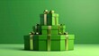 © ANINDITA - Stack of green gift boxes with gold ribbons and bows on a green background.