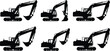 © Vector Sifat - Set of excavator silhouettes, heavy construction machinery collection, black digger vector illustration, industrial earth mover icons.