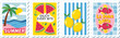 © Safa - Collection of four colorful postage stamp illustrations featuring summer themes like a beach scene, watermelon slices, lemons, and an italian phrase with fish