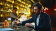 © stockbusters - Lonely man drinking bourbon at bar counter closeup. Depressed guy life problems