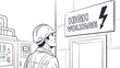 © vadymstock - A male worker in a helmet looking up at a high voltage warning sign in black and white outline vector style, ideal for safety training materials