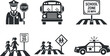 © vadymstock - A collection of school safety icons including a police officer, school bus, and traffic signs in black and white vector style, suitable for educational materials and safety campaigns