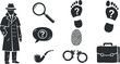 © vadymstock - A collection of detective-themed icons including a silhouette, magnifying glass, footprints, and handcuffs in black and white vector style, perfect for mystery-themed projects