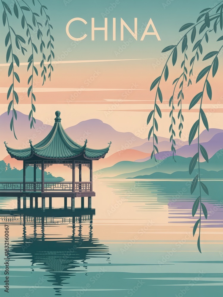 A traditional pavilion stands over calm water, reflecting the warm hues of the sunset. Soft mountains frame the background, while willow branches gently hang nearby, adding to the peaceful scene.