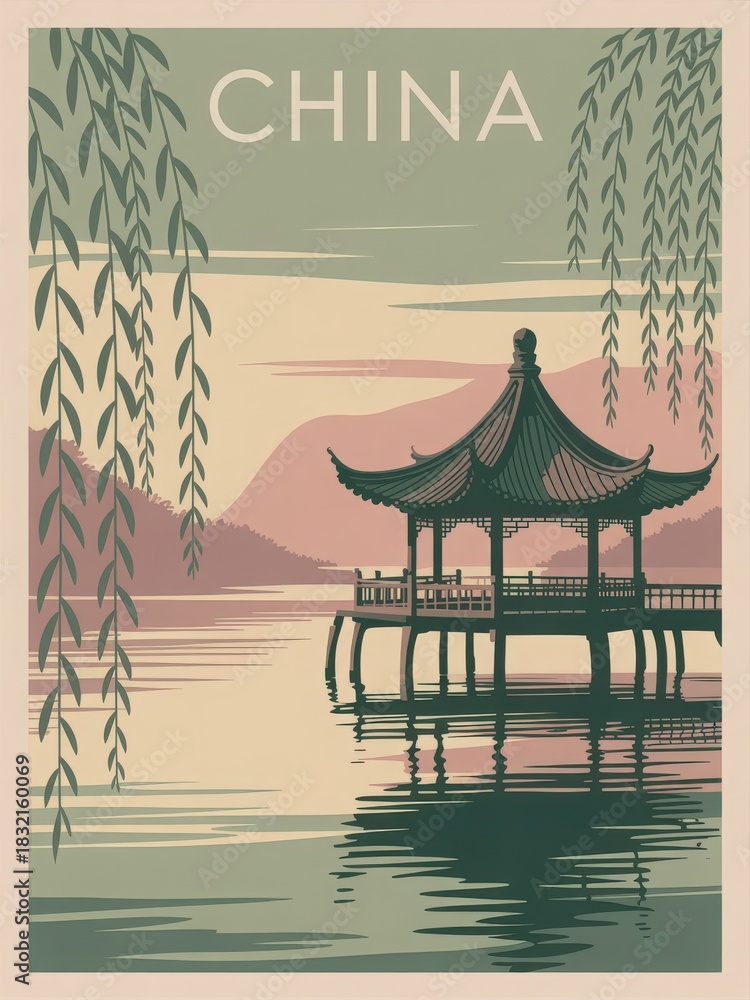 A picturesque pavilion stands gracefully over calm waters in China. Surrounded by gentle hills, the scene features soft colors of sunset and hanging willow branches adding tranquility.