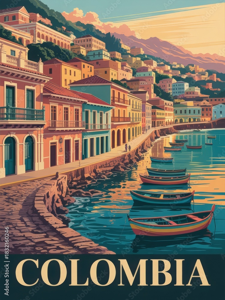 Vibrant scene shows a picturesque waterfront with colorful buildings and small boats moored along the dock. Mountains rise in the background under a warm sunset glow, highlighting Colombias charm.