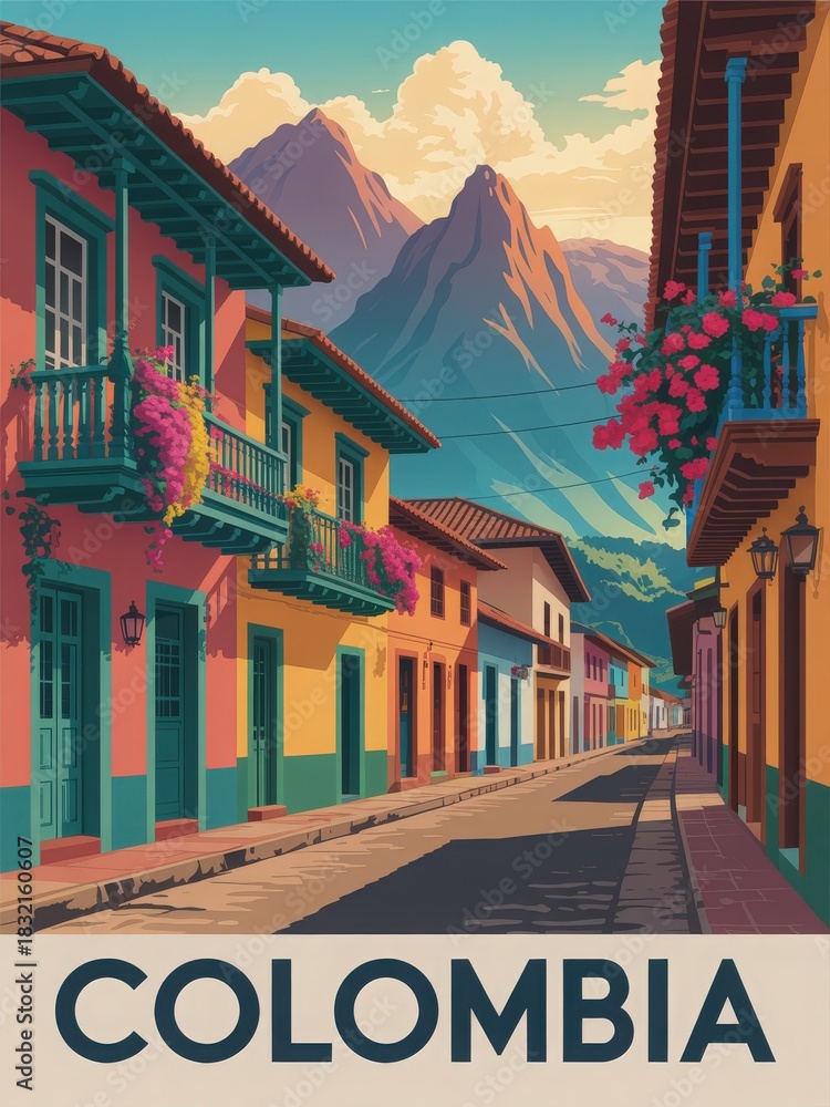 A charming street in a Colombian town features brightly colored buildings with flower-filled balconies. Majestic mountains rise in the background under a colorful sky at sunset.