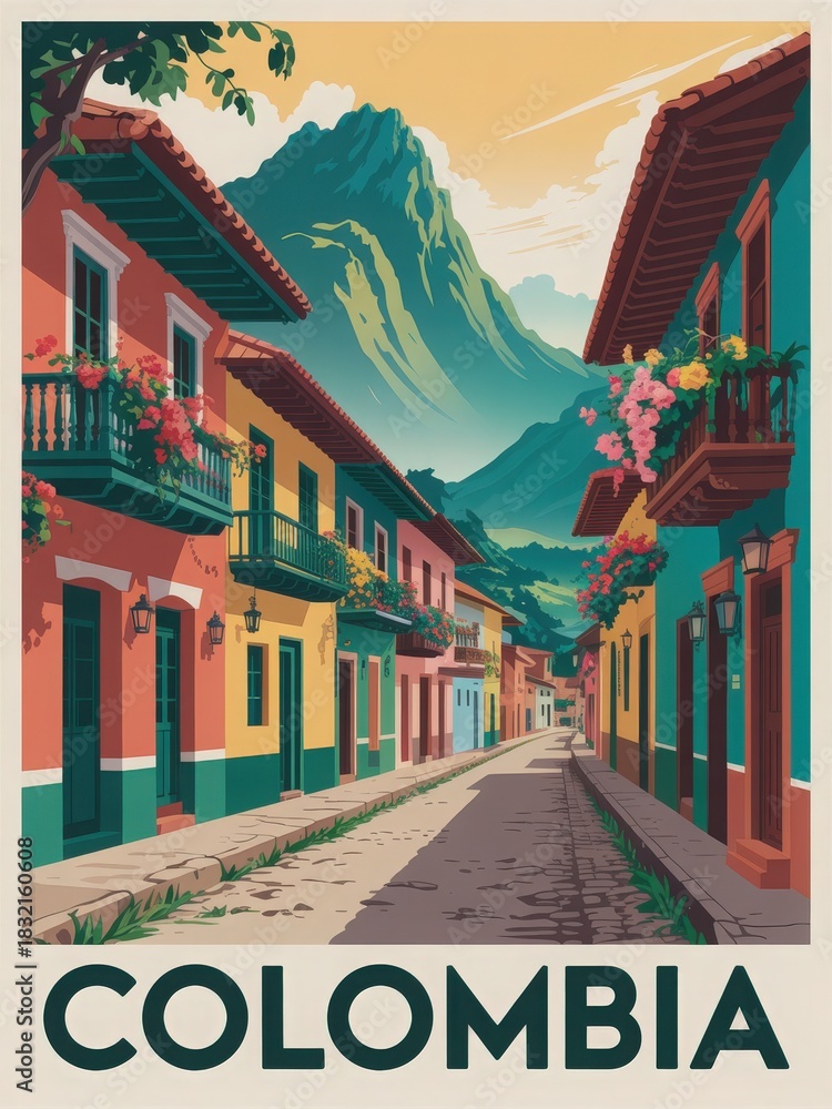 A vibrant street scene in Colombia features colorful buildings adorned with flowers. Tall mountains rise in the background, creating a picturesque view. The atmosphere is lively and inviting.