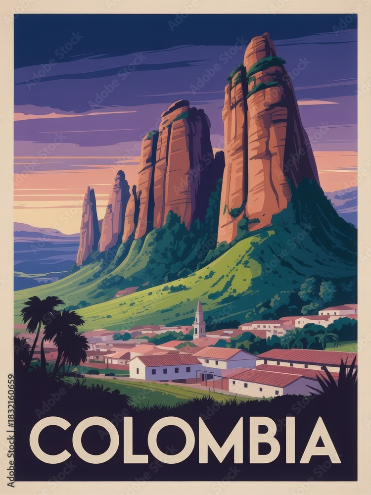 Vibrant scene featuring towering rock formations set against lush green hills. A charming village lies below, with a peaceful atmosphere enhanced by the soft colors of sunset.