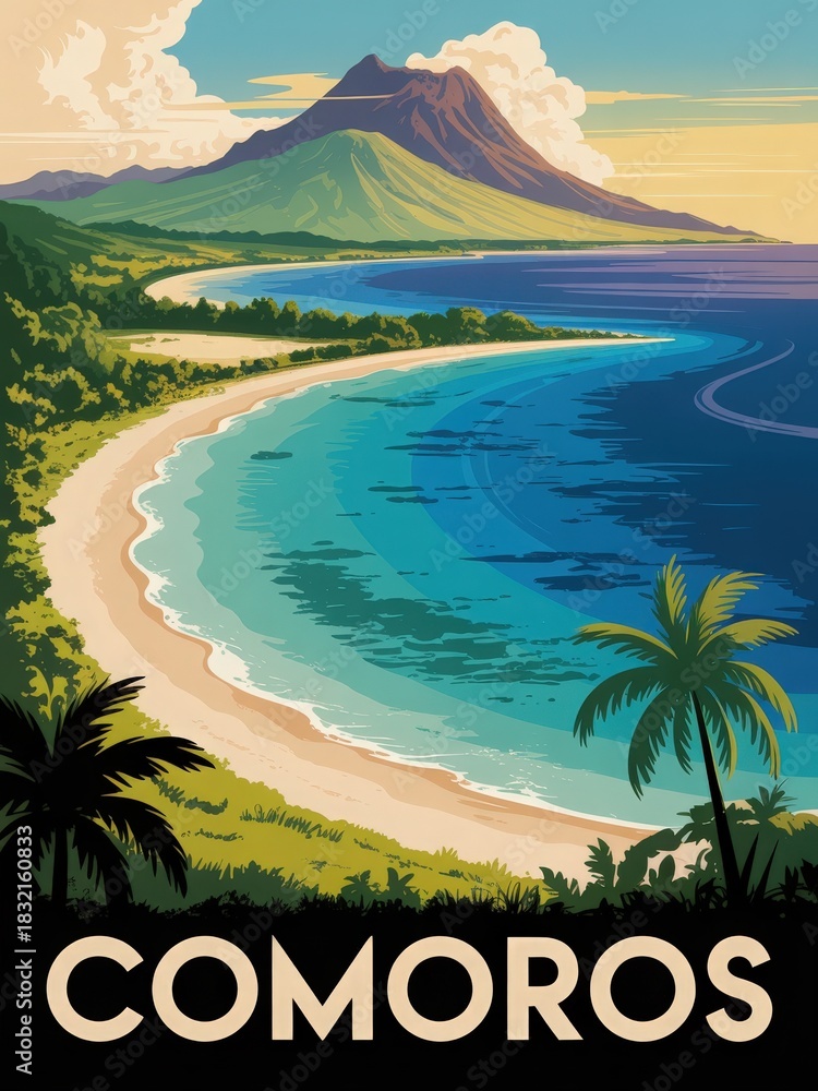 The scene captures a stunning coastline of Comoros with soft sandy beaches, turquoise waters, and a backdrop of mountains.