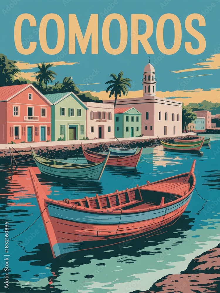 Vibrant boats float in peaceful waters near the coastal buildings of Comoros. The scene captures the essence of island life with colorful homes and a historic tower in the background.