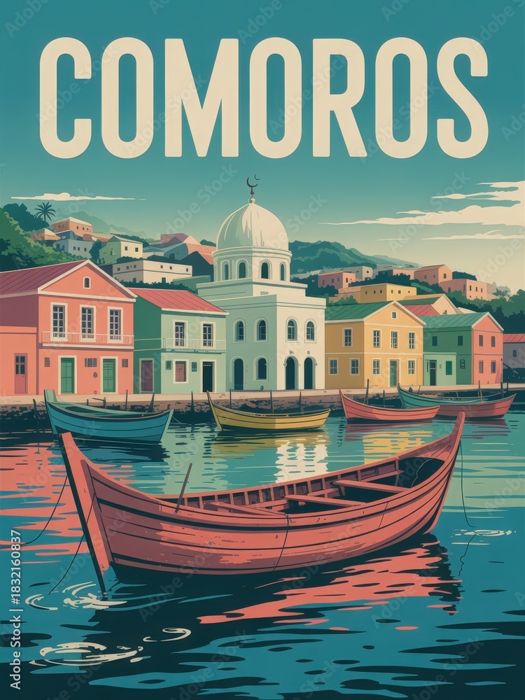 A serene scene shows wooden boats floating in calm water, surrounded by bright buildings in various colors. The setting sun casts a warm glow on this picturesque coastal village in Comoros.