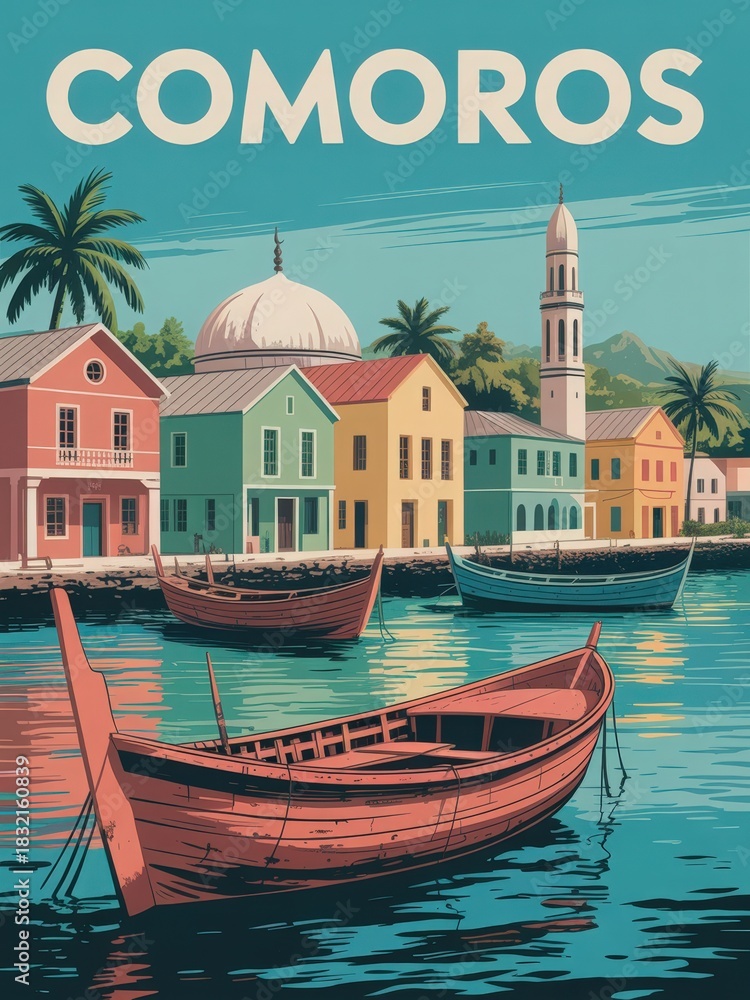 Vibrant boats float in calm waters beside charming buildings with colorful facades and a mosque in Comoros. Palm trees sway gently in the warm sunlight, creating a picturesque view.
