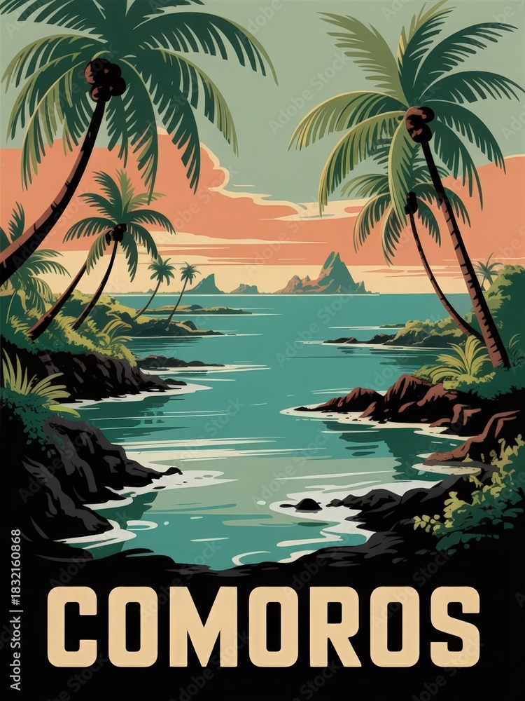 A stunning landscape shows calm waters surrounded by lush palm trees and rocky shores. The sky is painted with warm hues of orange and pink, capturing the beauty of Comoros during sunset.