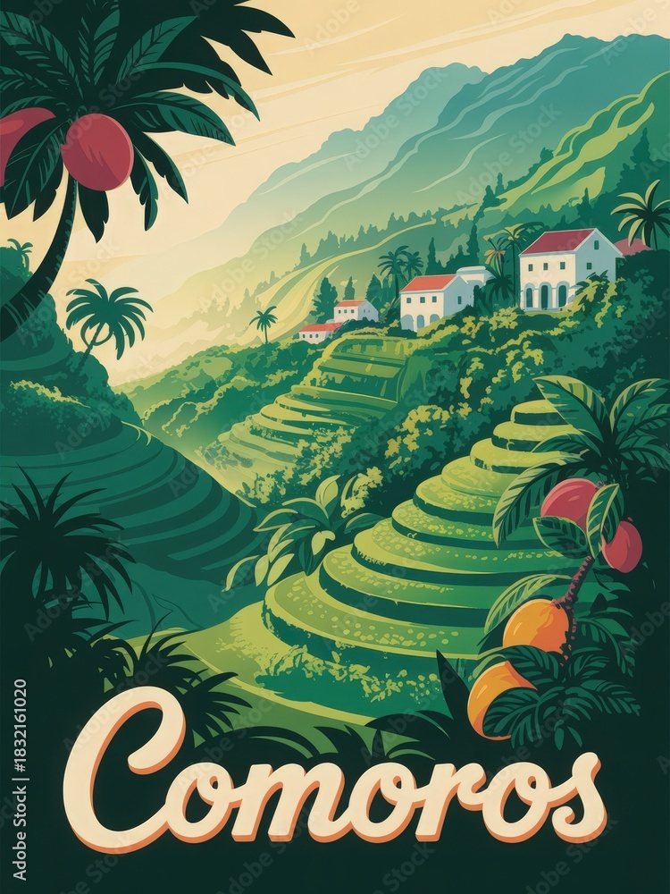 Vibrant terraced fields stretch across the hills of Comoros, framed by tall palm trees. Traditional houses sit nestled among the greenery, bathed in warm sunlight, creating a serene atmosphere.