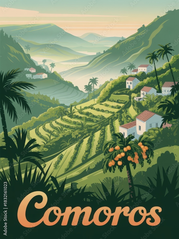 Verdant hills display terraced fields and cozy white houses nestled among palm trees. The landscape captures the tranquility of Comoros during a peaceful dusk.