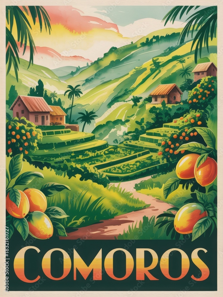 A vibrant scene of Comoros features lush green hills, terraced fields, and traditional houses. Mango trees bear fruit in the foreground, highlighting the remote beauty and tranquility of the island.