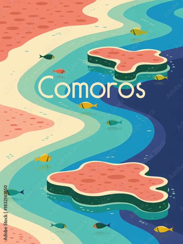 Clear turquoise waters meet sandy shores in the Comoros. Colorful fish swim around coral formations, showcasing this stunning island paradise during a sunny day.