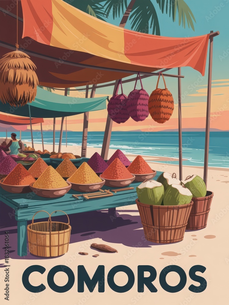 A market in Comoros showcases colorful piles of spices and fresh coconuts on a beach near the ocean. The sunset casts a warm glow on the scene, enhancing the vibrant atmosphere.