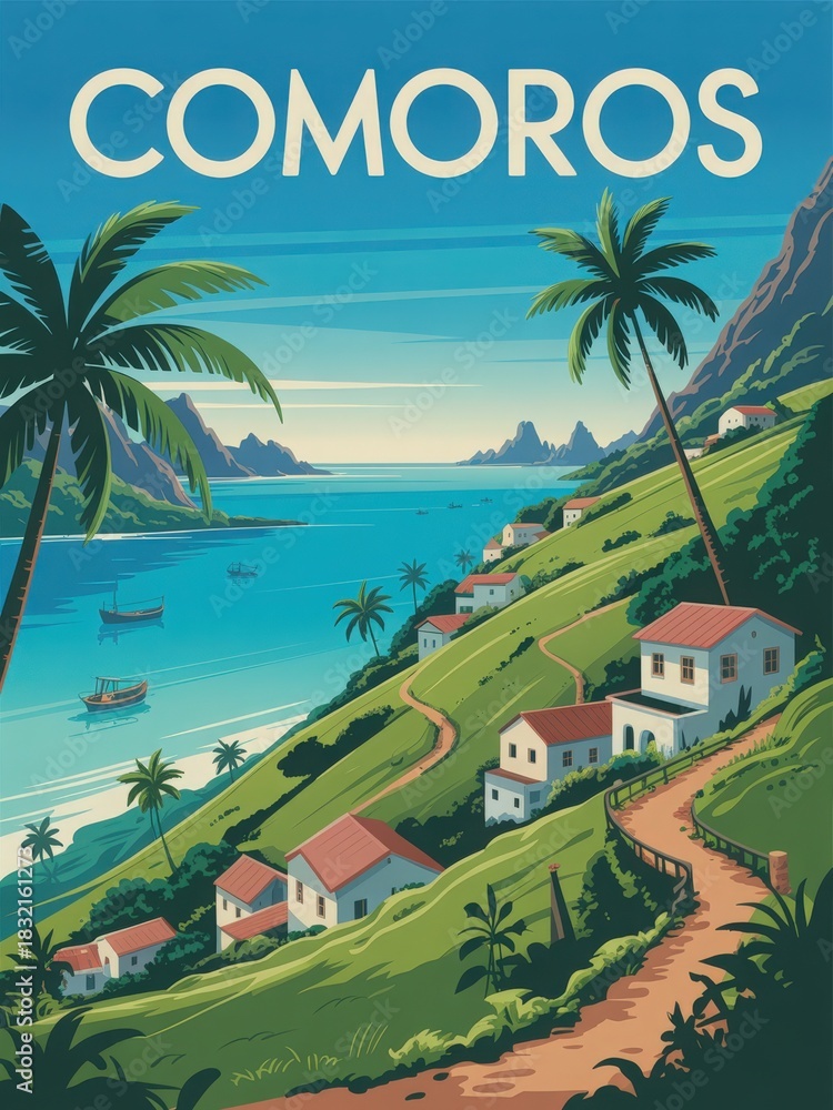 A vibrant scene captures the beauty of Comoros, showcasing green hills, white houses, and turquoise waters. The peaceful landscape features palm trees, boats, and rocky cliffs under a clear sky.