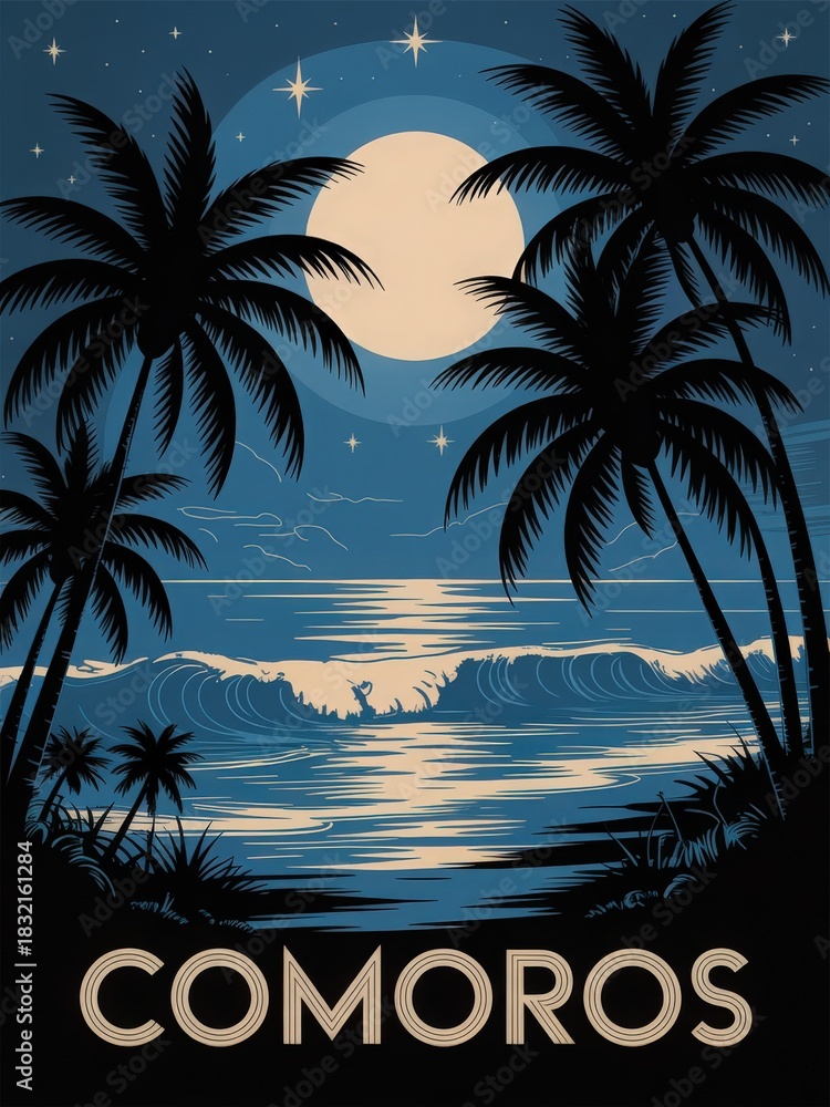 The beauty of Comoros at night, with gentle waves lapping against the shore. Tall palm trees frame the view, illuminated by a bright full moon that reflects on the waters surface.