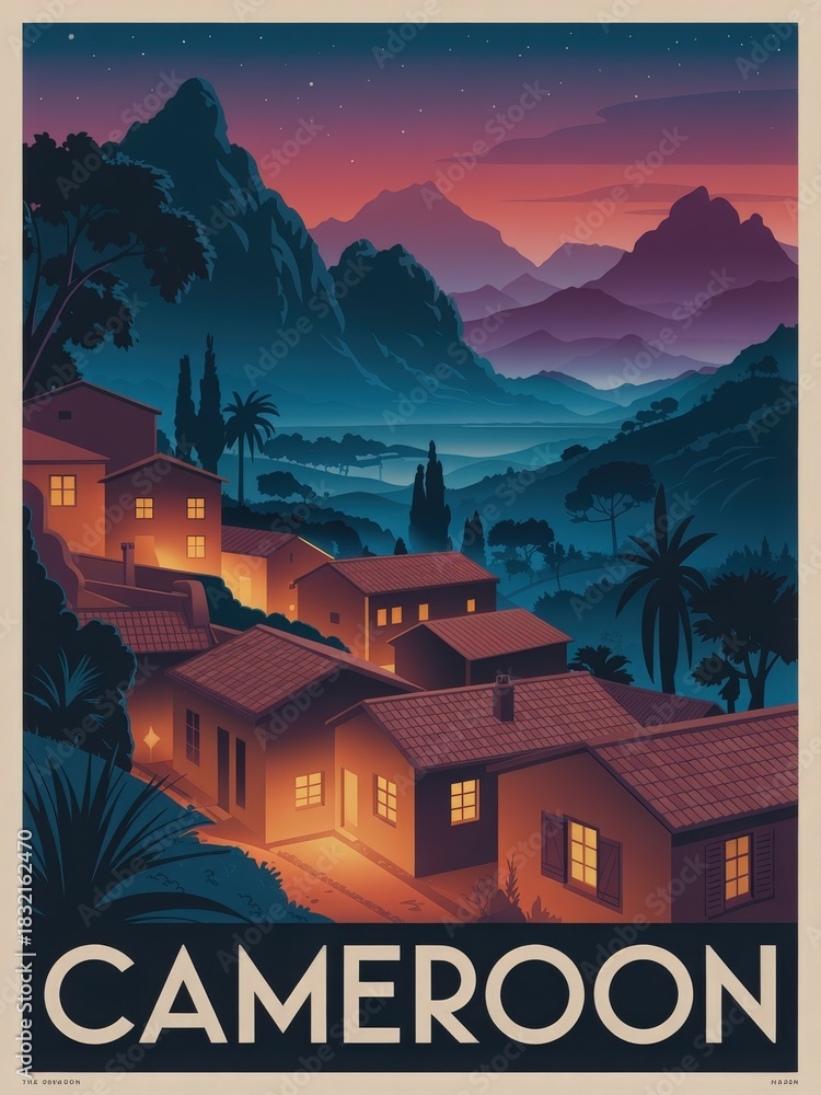 A serene village in Cameroon is bathed in warm sunset colors. Illuminated homes sit nestled in the hills with dark mountains surrounding the area, creating a tranquil atmosphere.