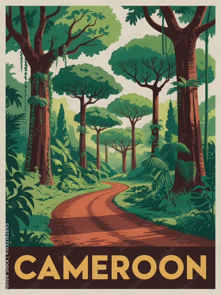 A winding dirt path leads through a dense green forest in Cameroon, surrounded by tall trees and rich vegetation. The scene captures the beauty of nature in this tropical location.