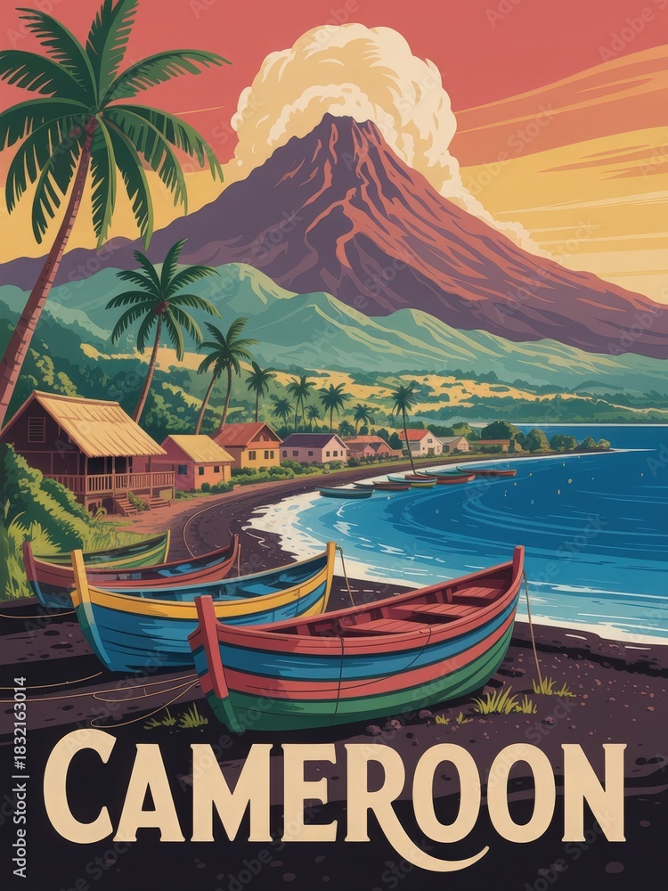 Tropical landscape in Cameroon showcases a beautiful coastline with colorful boats on the shore. A majestic volcano looms in the background as the sun sets, casting vibrant colors across the sky.