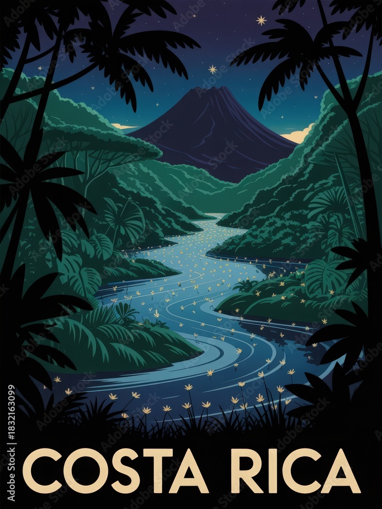 A tranquil river flows through dense green forest, reflecting the starry night sky. A majestic volcano stands in the distance, completing this beautiful natural scene in Costa Rica.