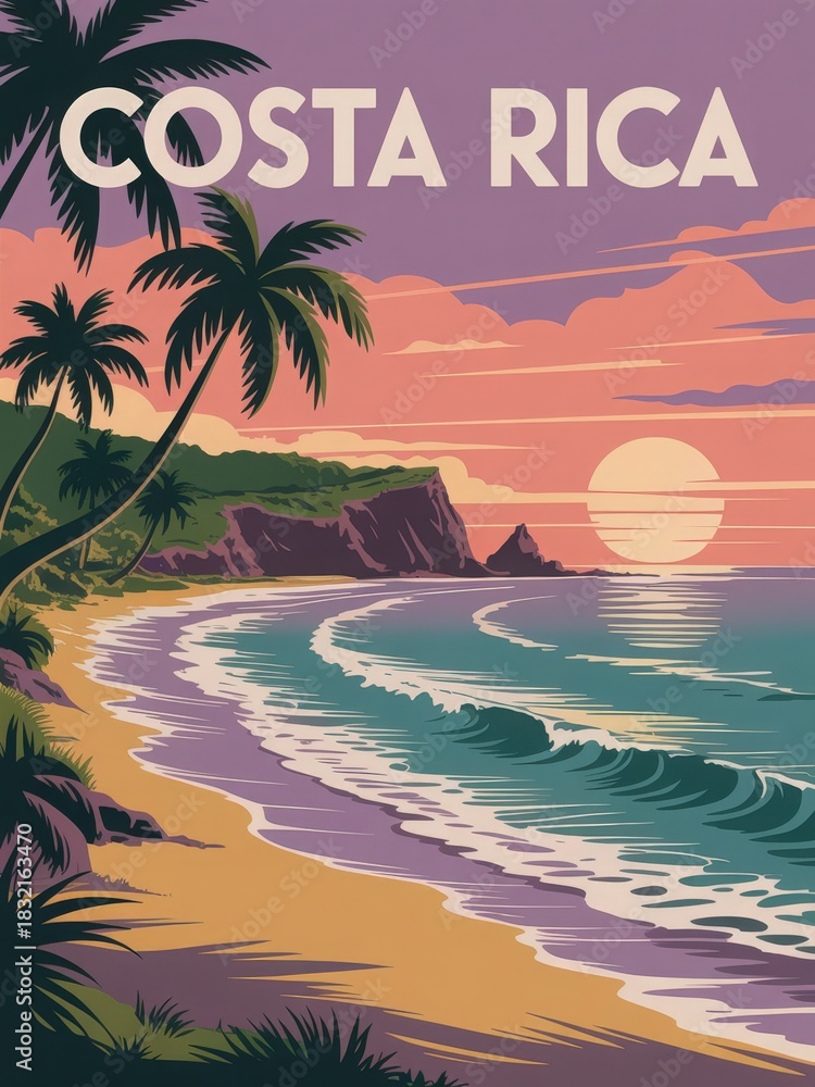 A stunning sunset casts vibrant colors across the beach in Costa Rica. Waves gently lap the shore as palm trees frame the scene.