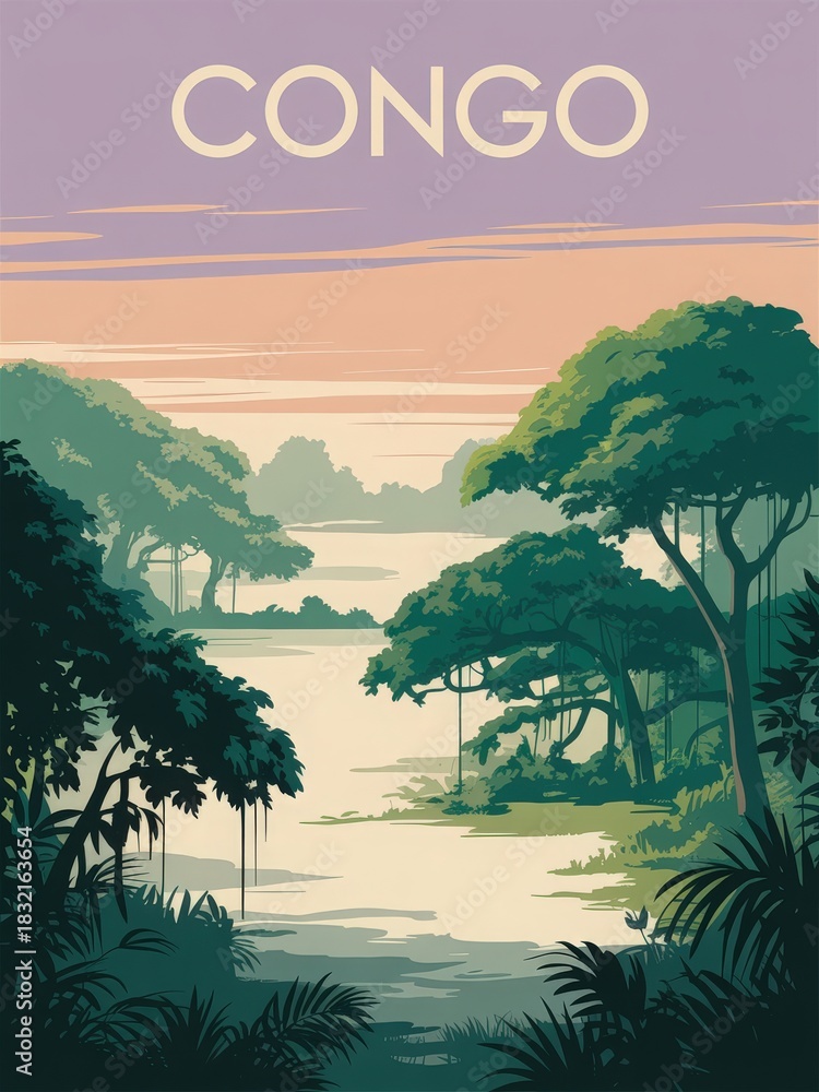 This scene showcases the lush greenery of the Congo River region during sunset, with vibrant colors illuminating the sky.