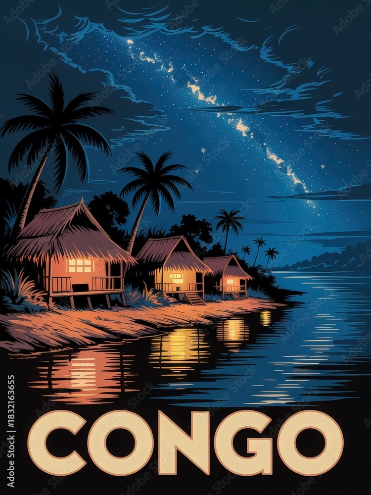 A serene night by a river in Congo. Traditional huts glow warmly against a dark sky filled with stars and reflections on the water, surrounded by palm trees.