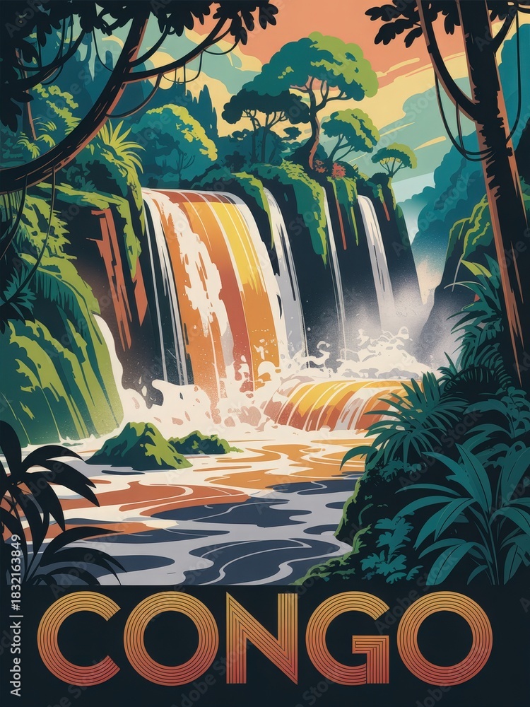 Majestic waterfalls flow through dense jungle scenery in Congo, surrounded by rich green foliage. The colorful sunset creates a warm glow over the landscape, enhancing the natural beauty.