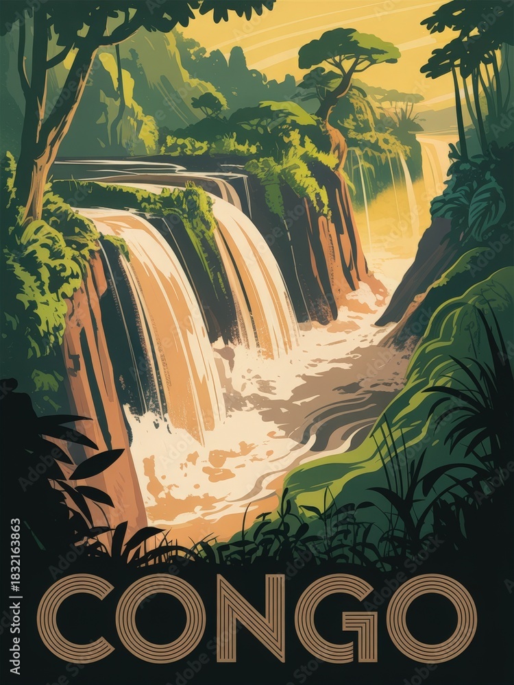 A stunning waterfall cascades down rocky cliffs surrounded by thick foliage in the Congo. The scene captures the warm glow of sunset, illuminating the landscape with golden hues.