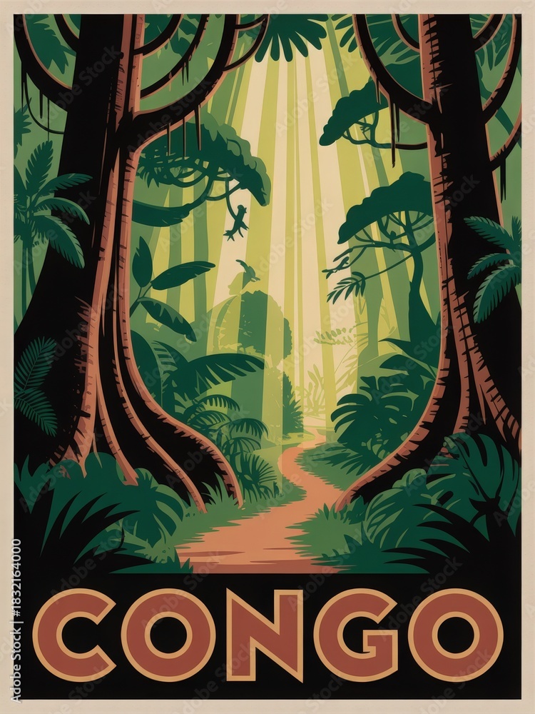 A serene scene shows a dense rainforest in Congo. Tall trees with broad leaves surround a winding dirt path. Soft sunlight filters through the canopy, creating a peaceful atmosphere in nature.