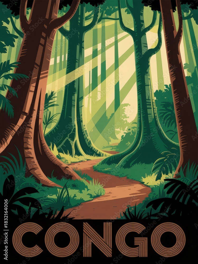 A lush tropical forest in Congo shows tall trees and thick greenery. Sunlight filters through the leaves, casting warm light on a winding dirt path inviting exploration and adventure.