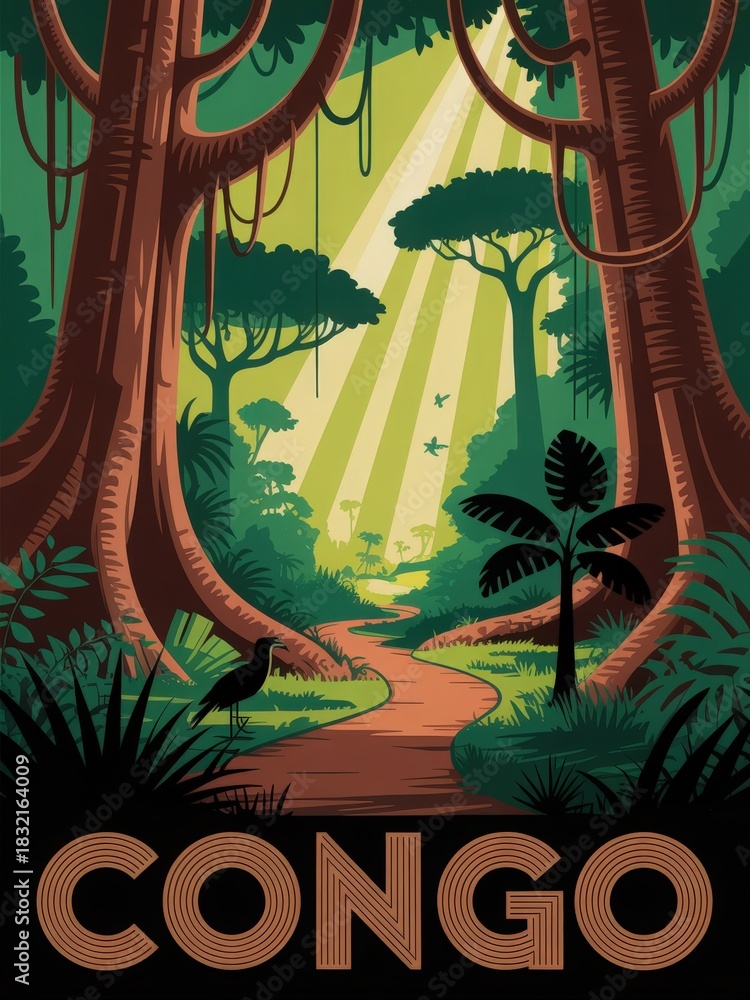 A vibrant scene in the Congo jungle showcases tall trees, dappled sunlight filtering through leaves, and a winding path. This serene setting is home to diverse plants and wildlife.