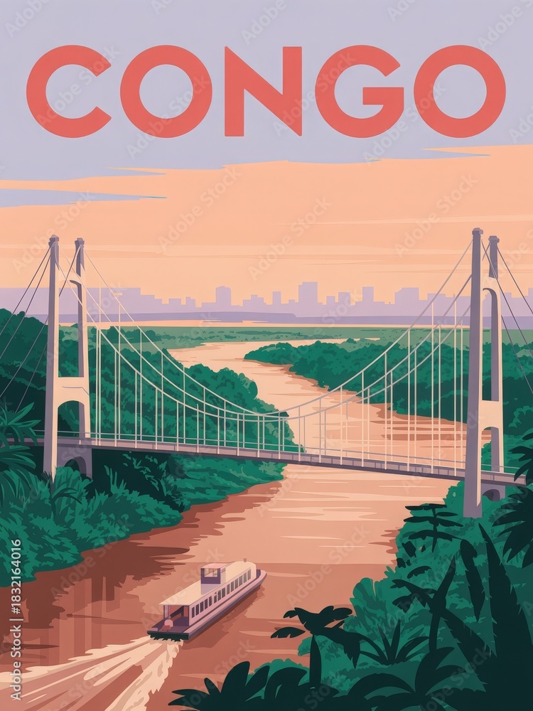 A scenic view of the Congo River shows a boat traveling beneath a large suspension bridge. Lush green forests surround the water, while a skyline is faintly visible in the distance at sunset.