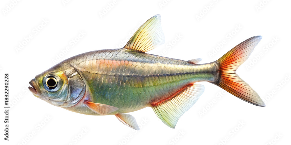 A vibrant aquarium fish with iridescent scales and striking fins isolated on transparent background