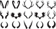 © JOLY - Set of diverse animal horn and antler silhouettes featuring deer, moose, ram, and ibex designs on white background. Vector