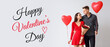 © Pixel-Shot - Happy young couple with bouquet of flowers and balloons on light background. Valentine's Day celebration