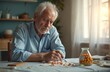 © miss irine - Elderly man looks at small orange pills on paper. He sits alone at table sorting medication. Bottle full of pills nearby suggests chronic illness. Sadness shown on his face.