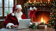 © lattesmile - Santa Claus in red suit using laptop at wooden table with Christmas gifts and stockings by a warm fireplace, perfect for holiday technology and festive themes