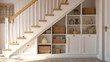 © SuperGlück - Cozy living space under staircase with stylish storage solutions and warm decor elements